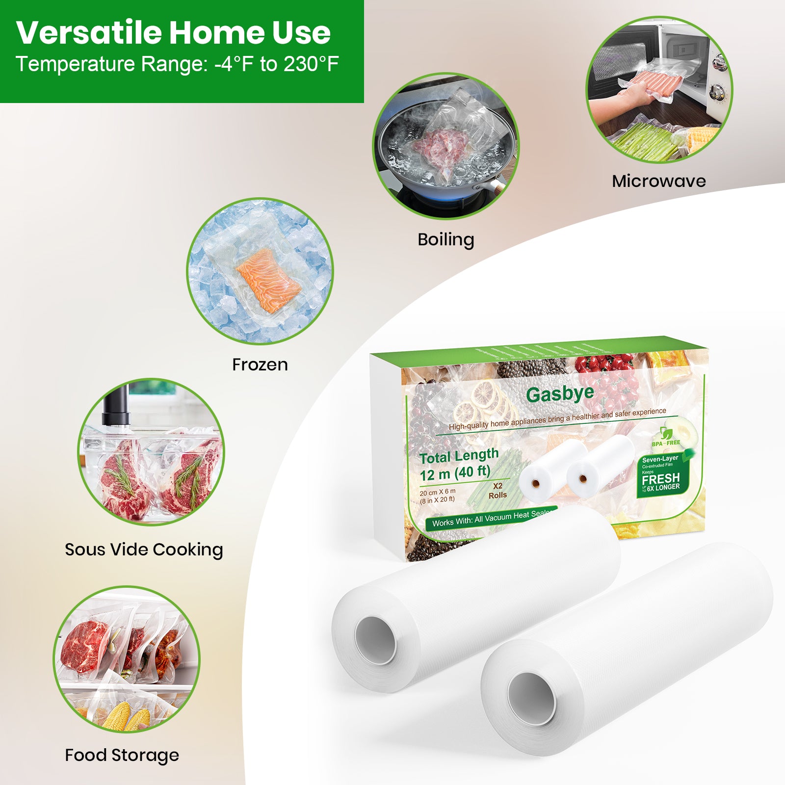 Vacuum Sealer Bags 8"x 20' Rolls (2 Pack)