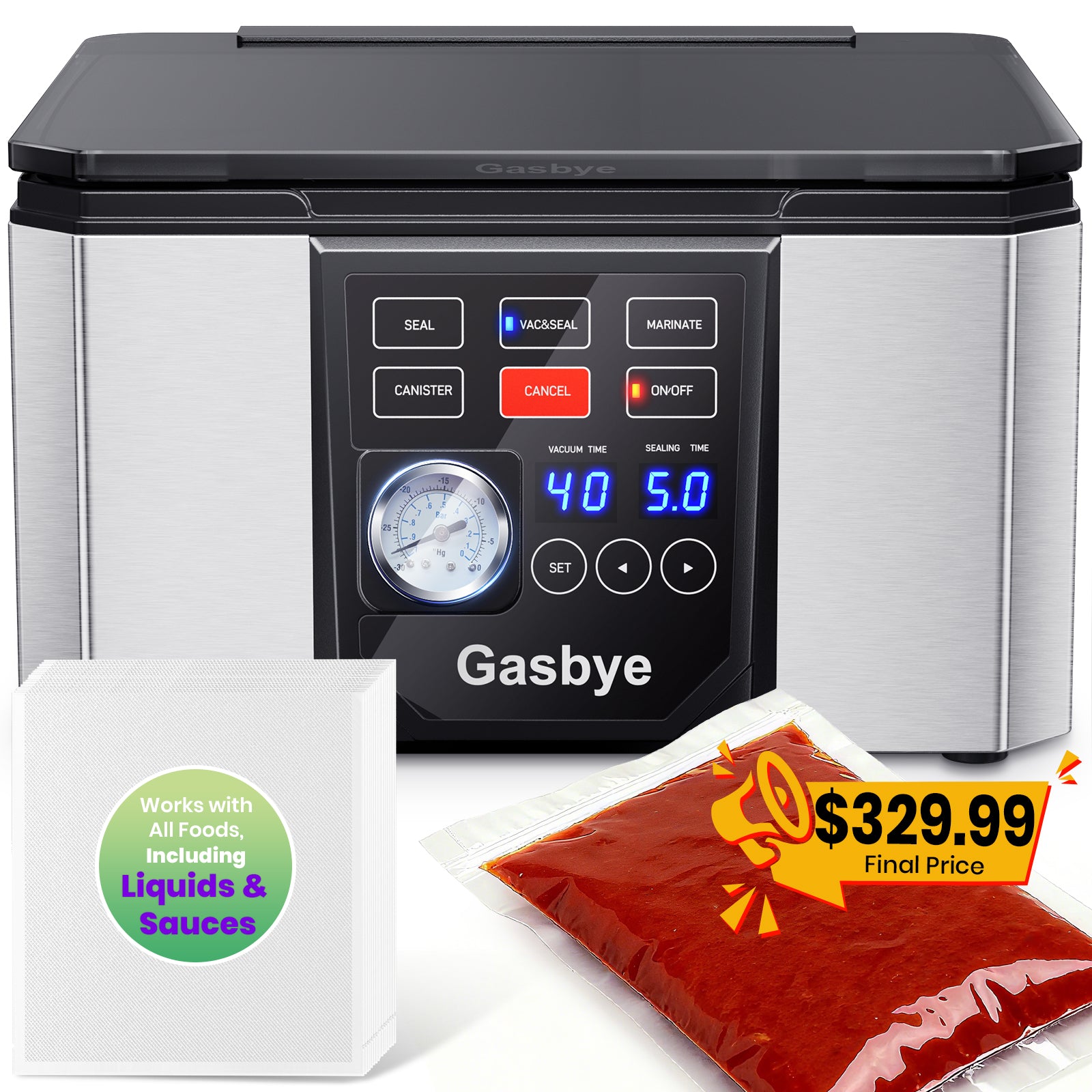 Gasbye Chamber Vacuum Sealer for Wet Foods and Meat