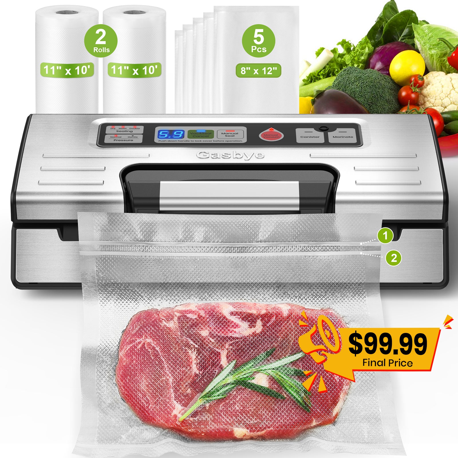Gasbye 95 kPa Vacuum Sealer Machine with Double Heat Seal