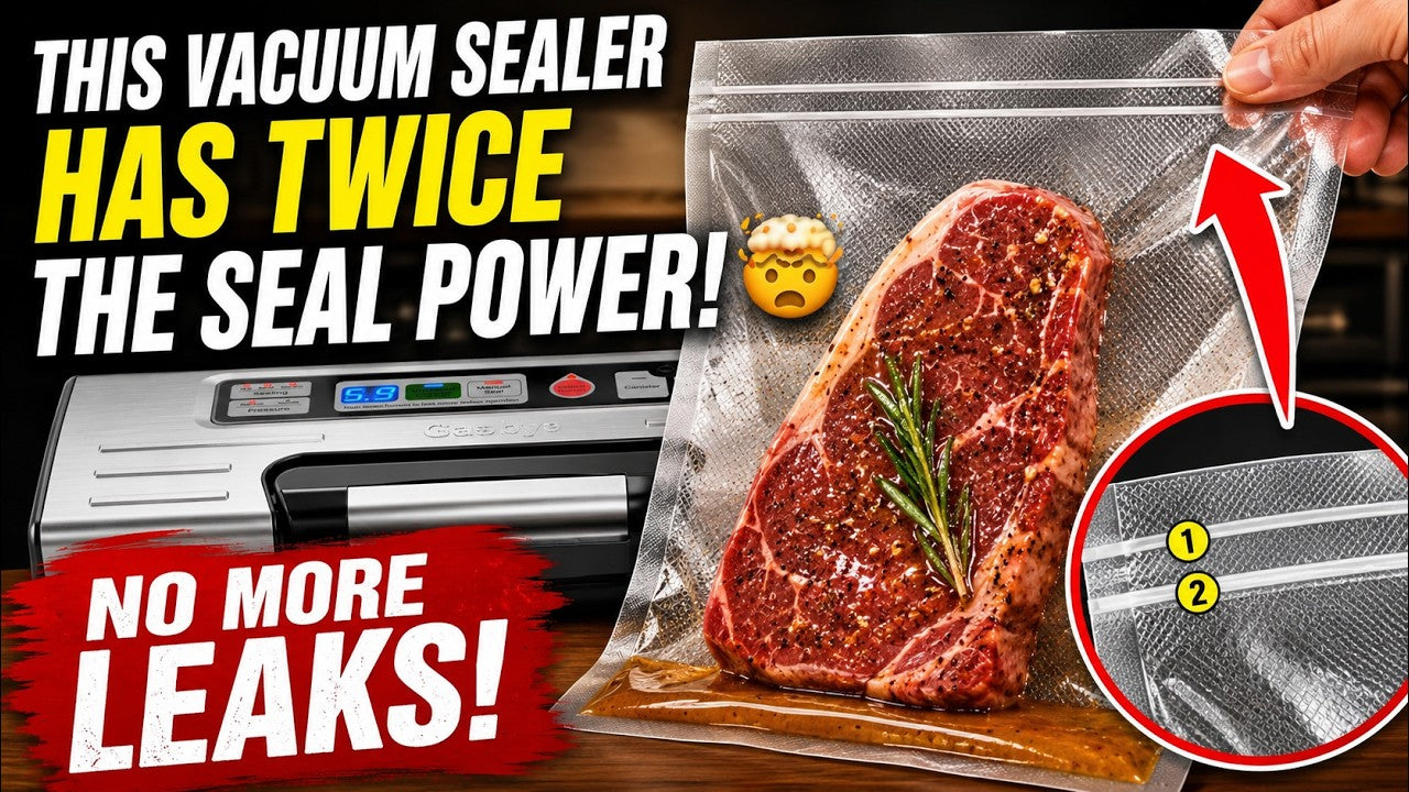 A hand holds a clear vacuum-sealed bag containing a raw steak with a sprig of rosemary, with a vacuum sealer machine visible on the left and a circular inset showing the seal detail. Large promotional text reads 'THIS VACUUM SEALER HAS TWICE THE SEAL POWER!' and 'NO MORE LEAKS!'.