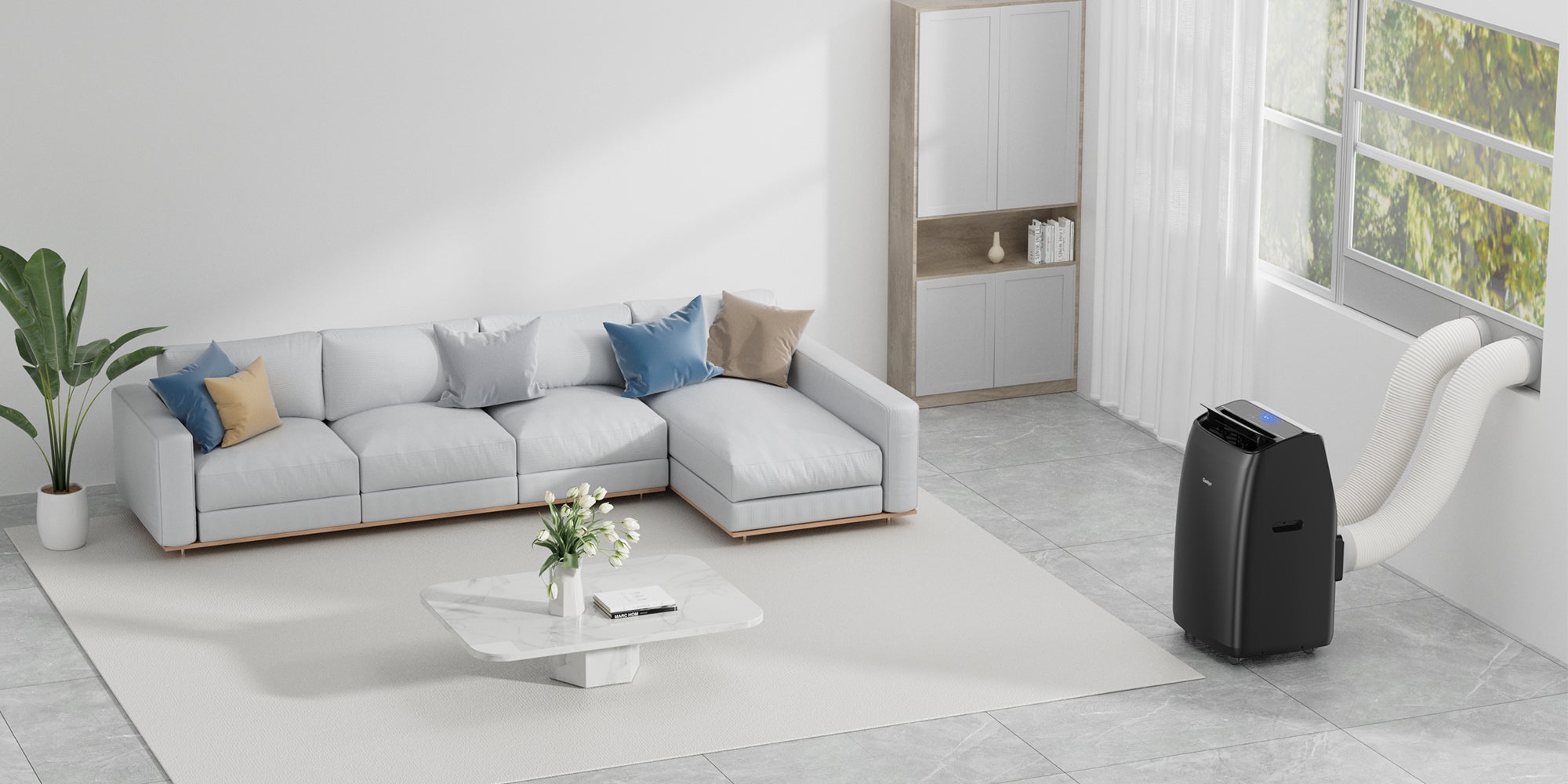 CoolPrime 10000B portable air conditioner in living room scene on homepage banner