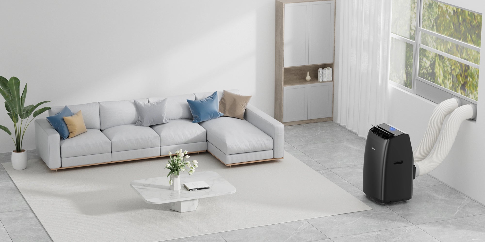 CoolPrime 10000B portable air conditioner in living room scene on homepage banner