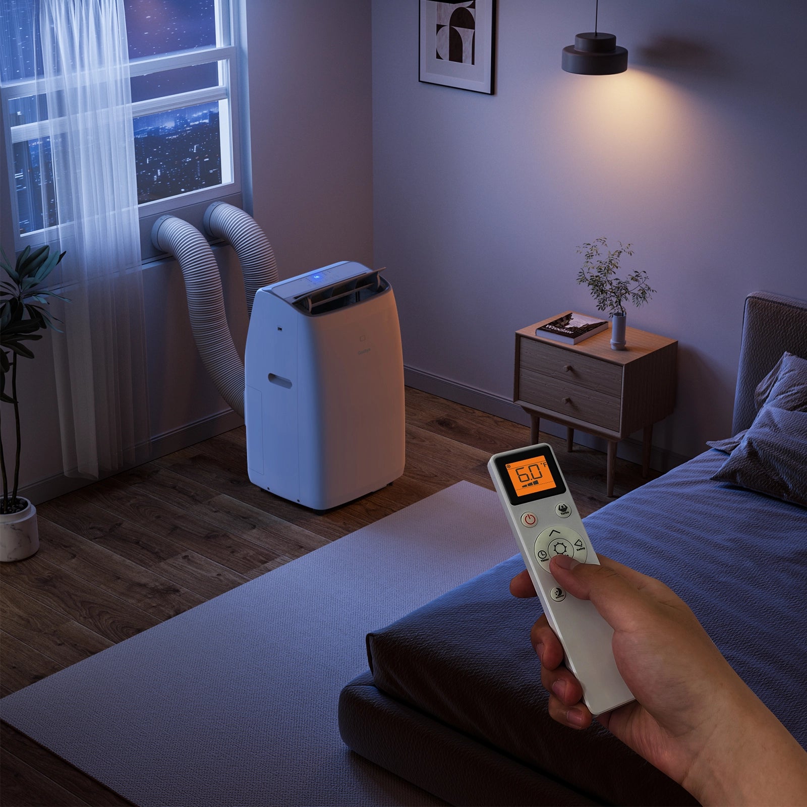 coolprime 10000-w AC in a bedroom at night scene
