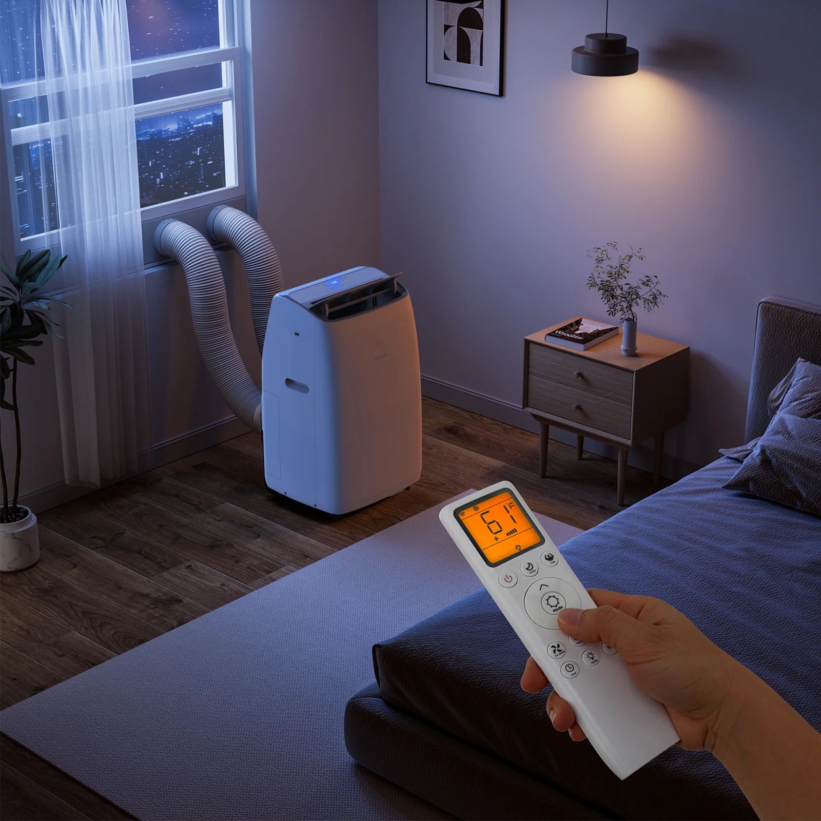 coolprime 10000-w AC in a bedroom at night scene