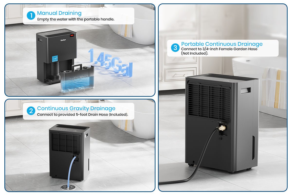 DryPrime 35B dehumidifier showing three drainage methods