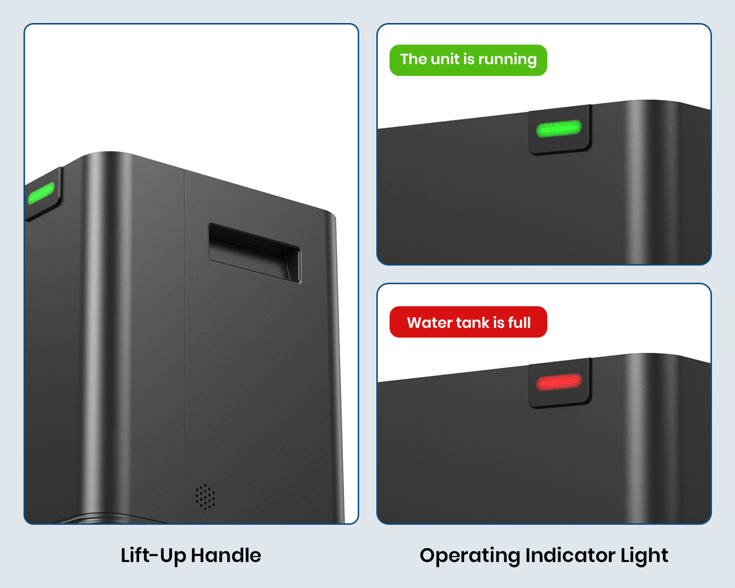 DryPrime 35BP dehumidifier lift-up handle and indicator light close-up