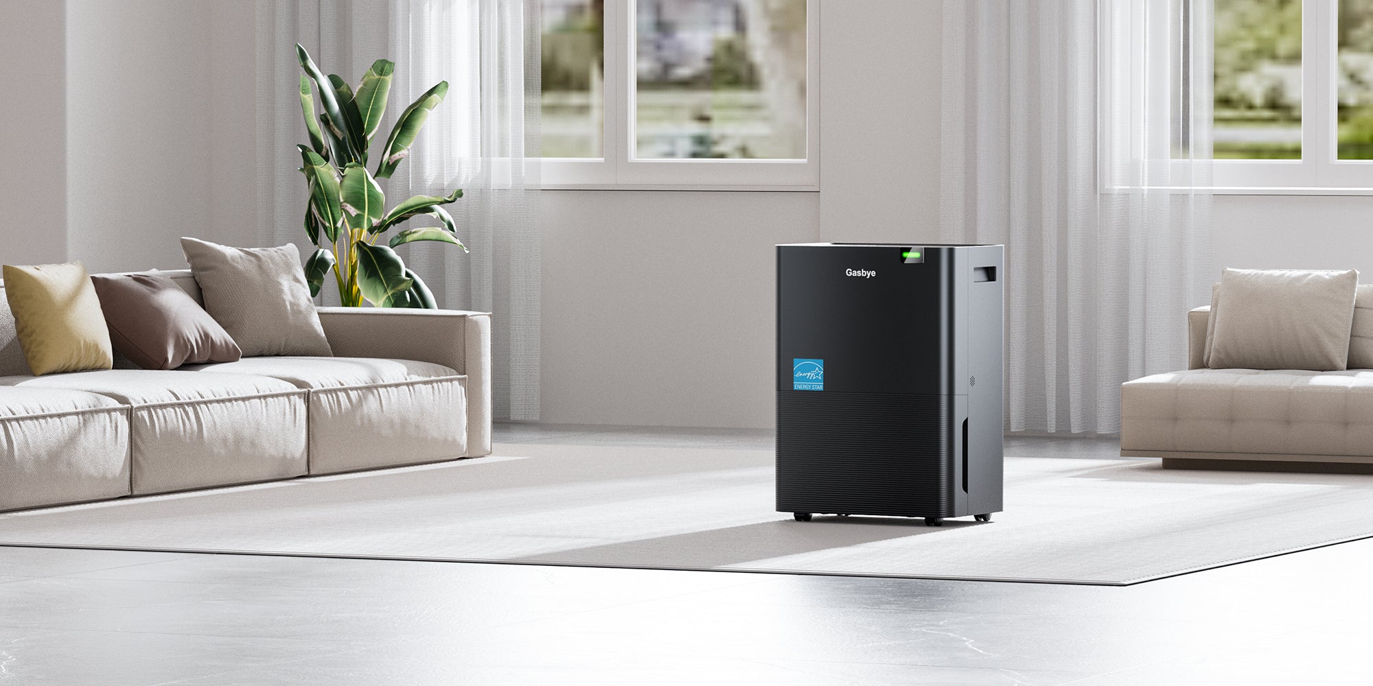 DryPrime 35BP dehumidifier in living room scene on homepage banner