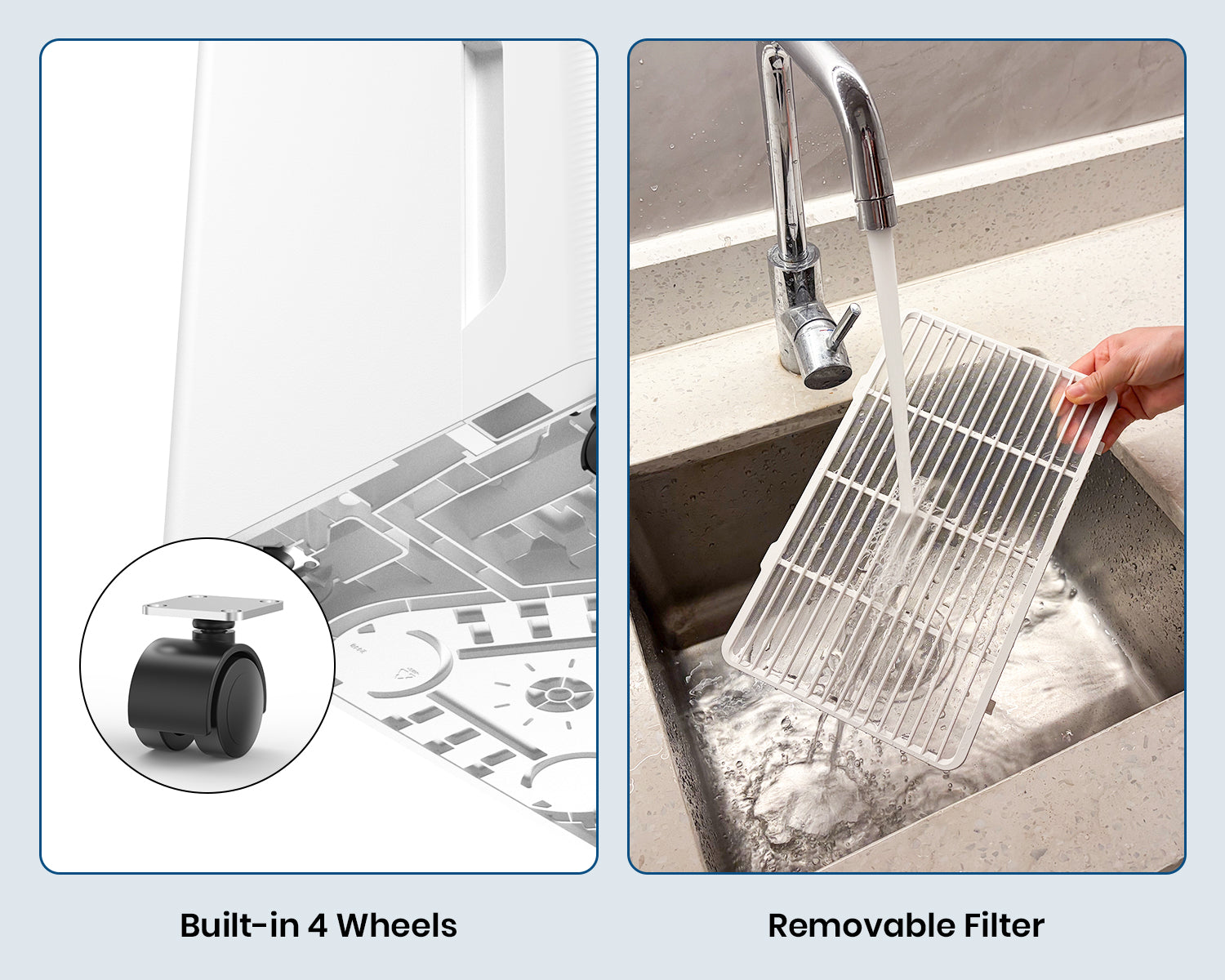 DryPrime 35WP dehumidifier caster wheels and removable pump close-up