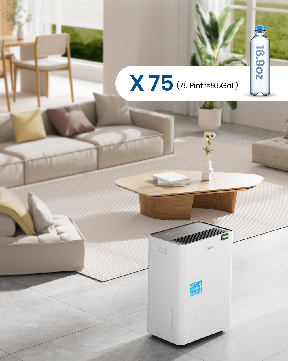 DryPrime 35WP dehumidifier in a living room scene