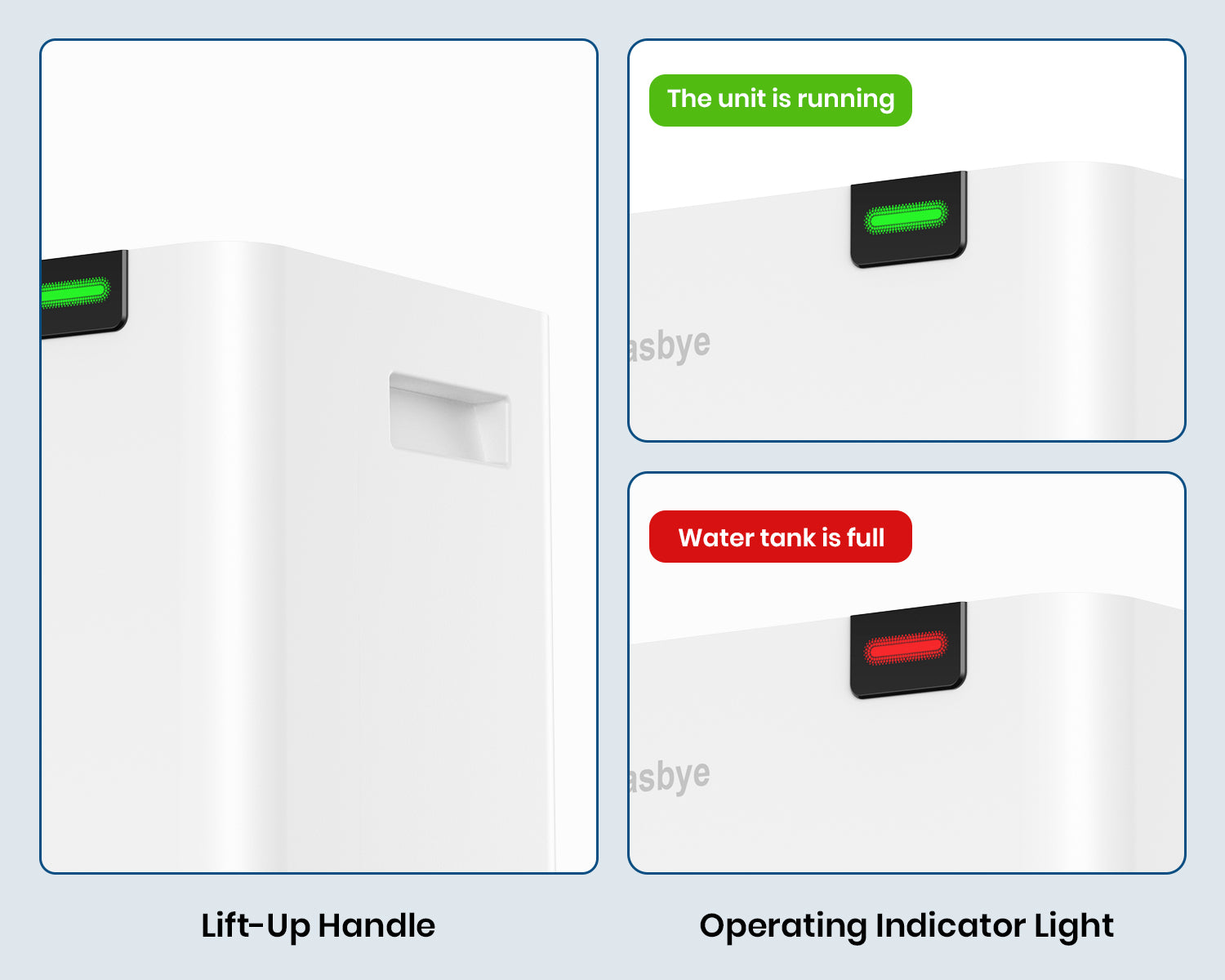 DryPrime 35WP dehumidifier lift-up handle and indicator light close-up