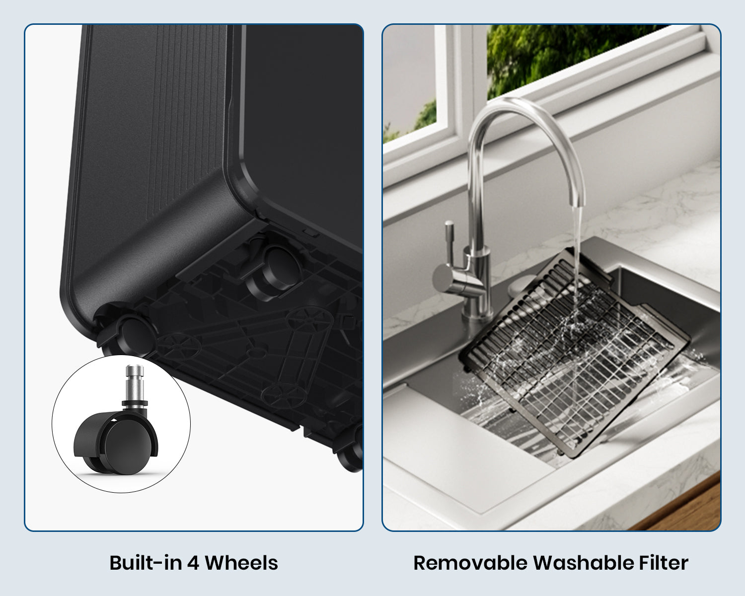 DryPrime 50B dehumidifier caster wheels and removable filter close-up
