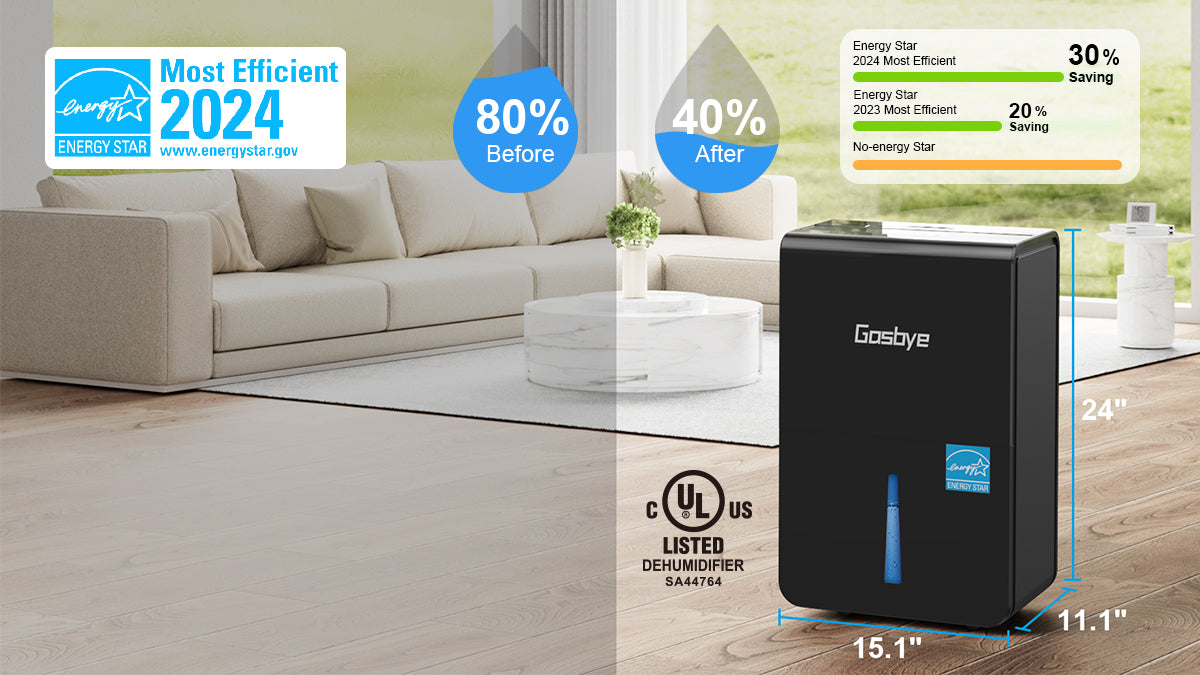 DryPrime 50B dehumidifier in living room scene with Energy Star certification and humidity before-and-after comparison
