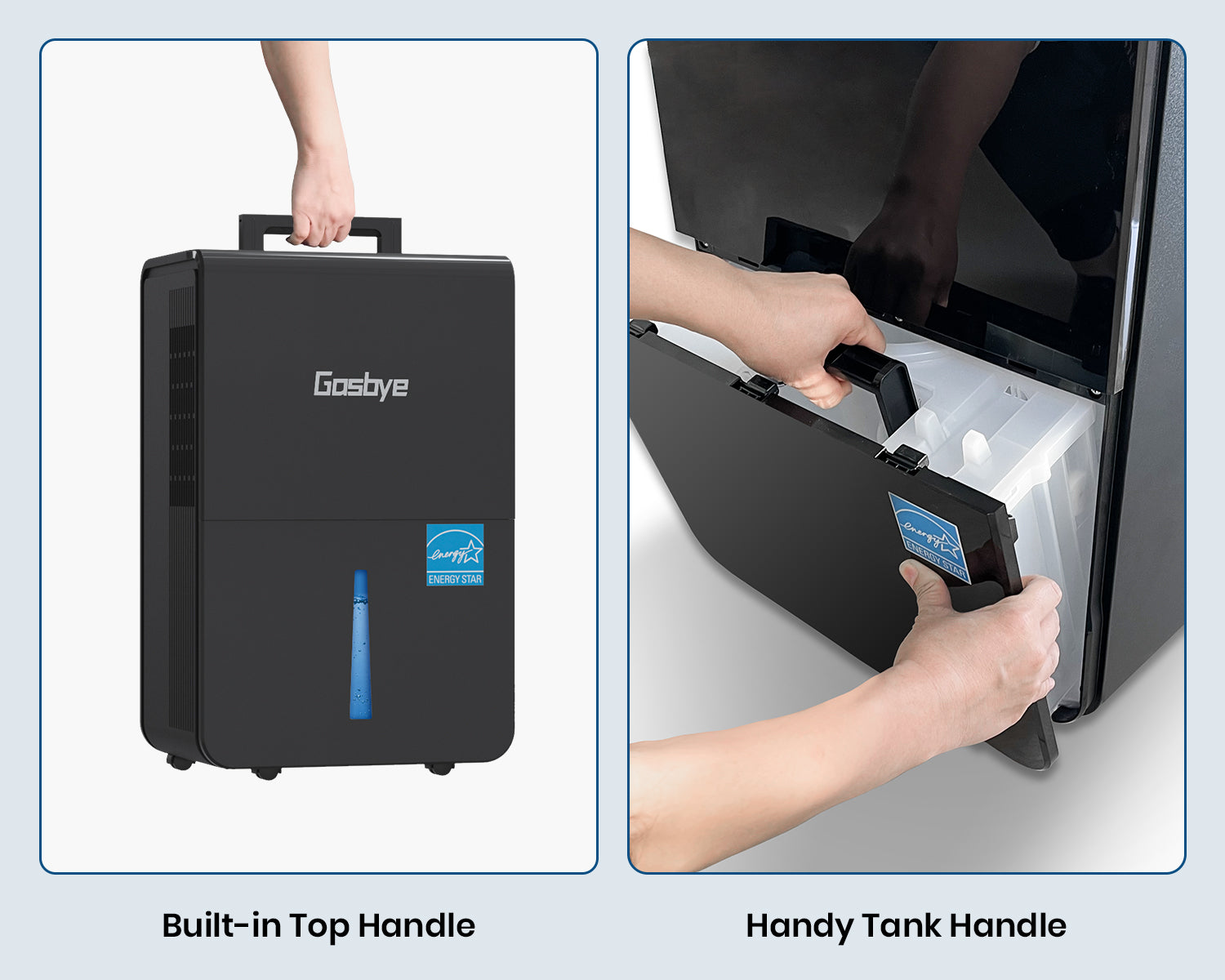 DryPrime 50B dehumidifier lift-up handle and tank handle close-up