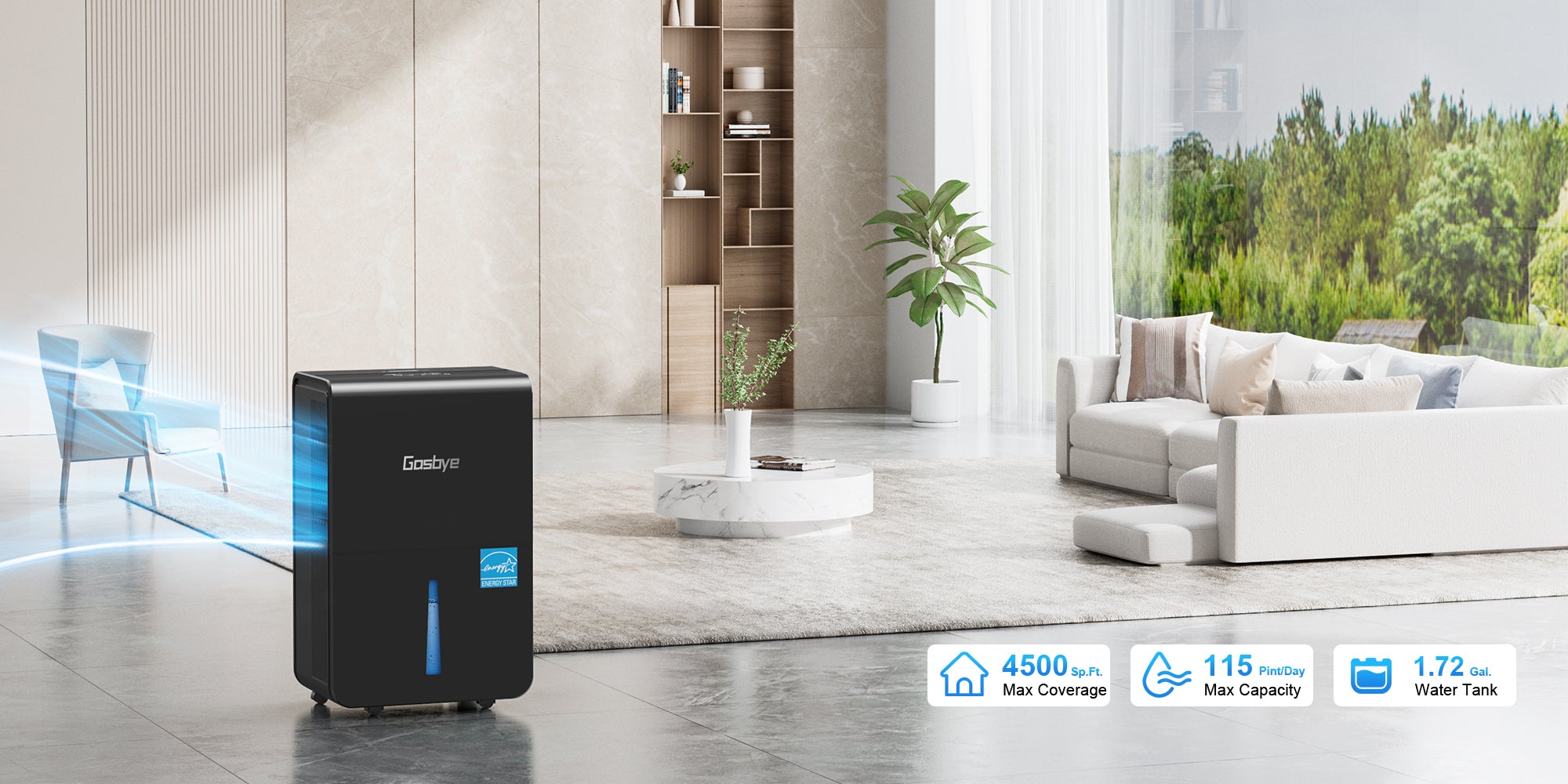 Gasbye dehumidifier in a modern living room with visible specifications.