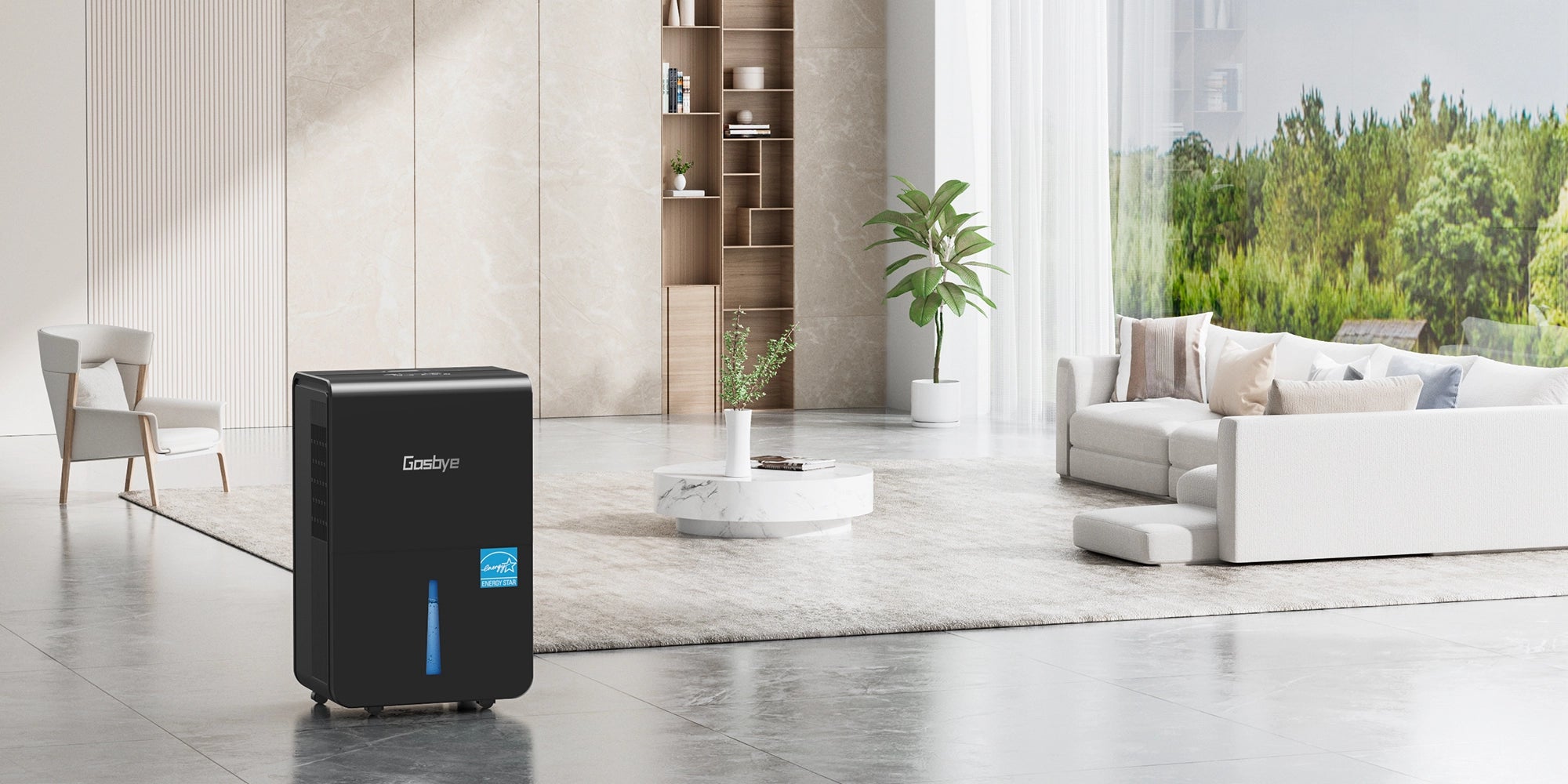 DryPrime 50B dehumidifier in living room scene on homepage banner
