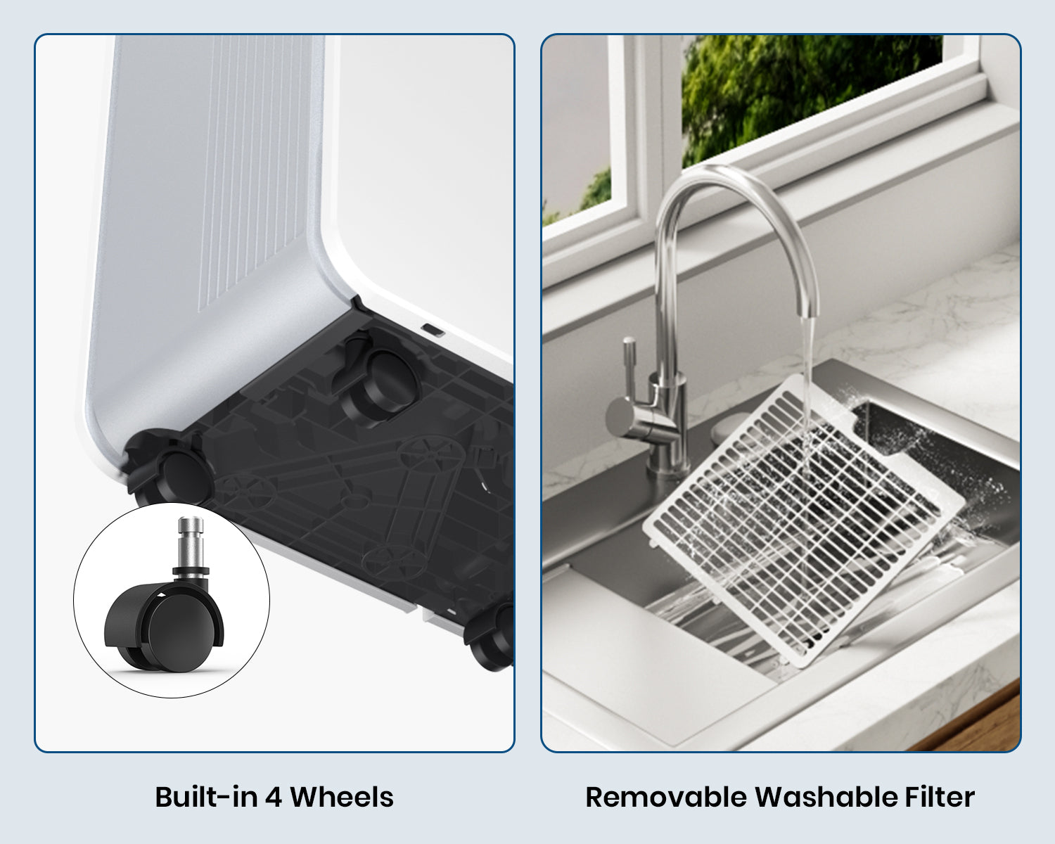 DryPrime 50W dehumidifier caster wheels and removable filter close-up