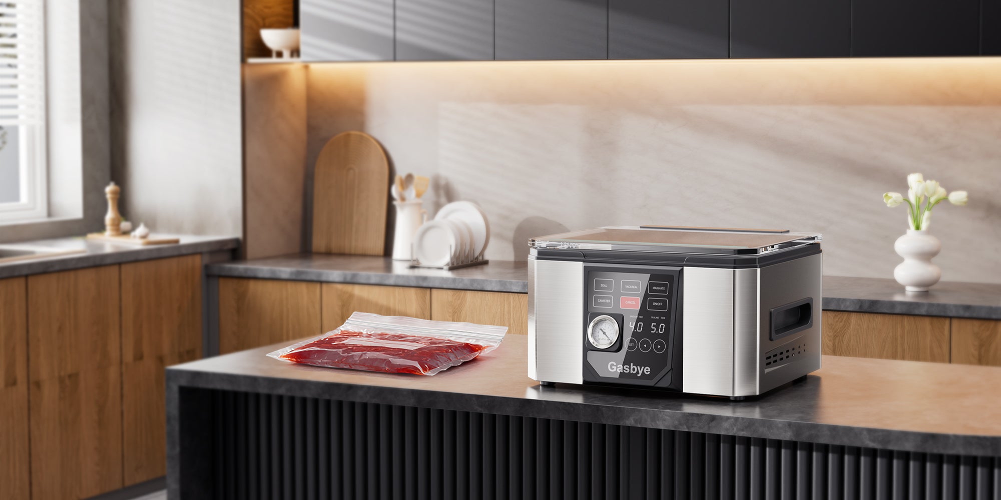 A scene of a chamber vacuum sealer placed on a kitchen table.