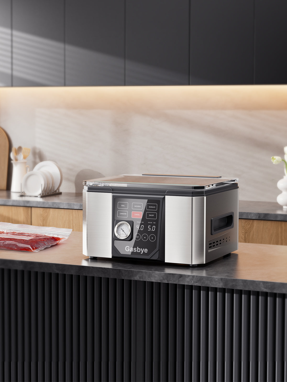 A scene of a chamber vacuum sealer placed on a kitchen table.