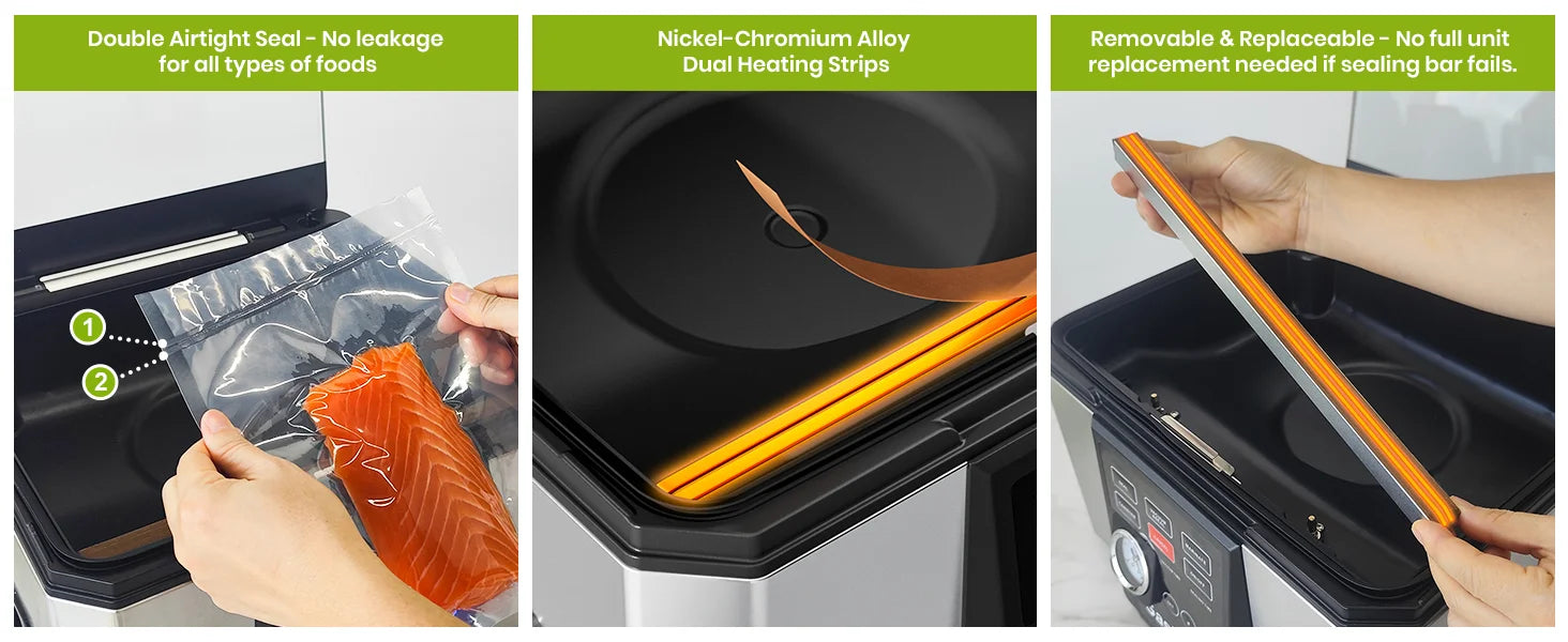 Collage of an chamber vacuum sealer with features highlighted, including a double airtight seal, nickel-chromium alloy heating strips, and a removable replacement part.