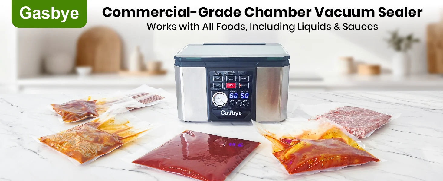 Commercial-grade chamber vacuum sealer with food packaging on a kitchen counter, branded 'Gasbye'.