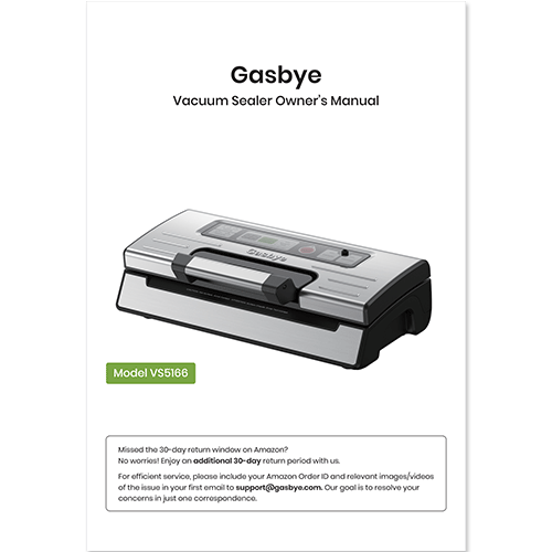 Gasbye vacuum sealer owner's manual with a model VSS166 on a white background