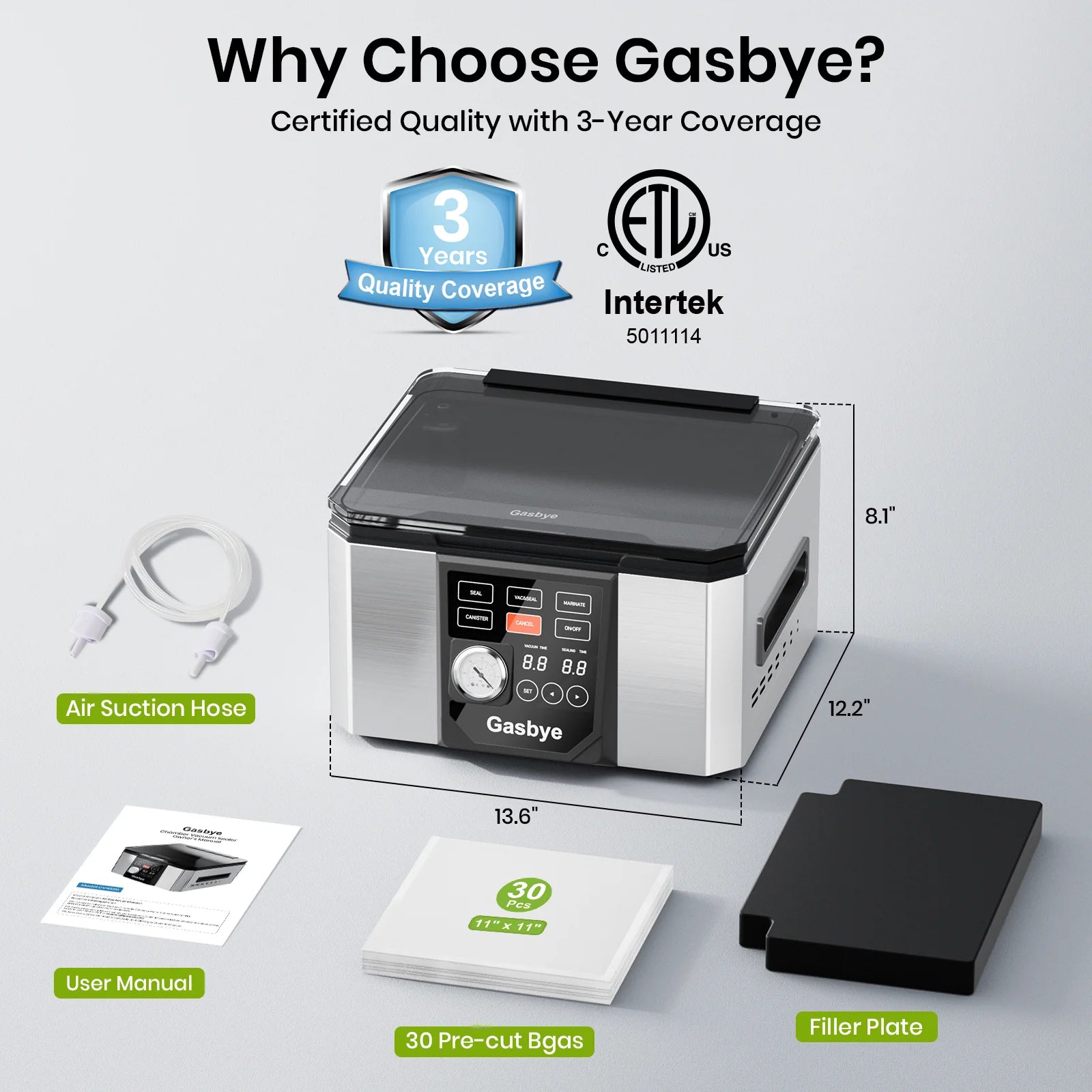 Gasbye Chamber Vacuum Sealer features
