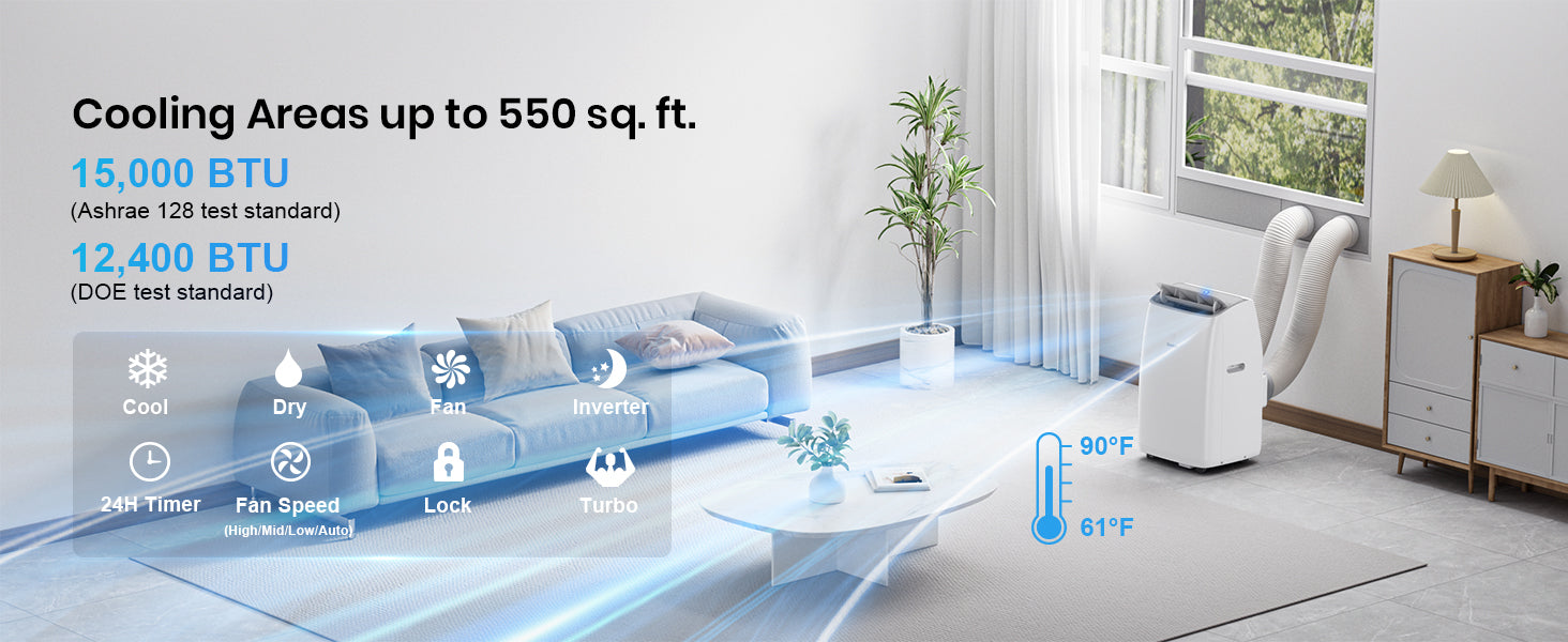 CoolPrime 12000W portable air conditioner in a living room scene