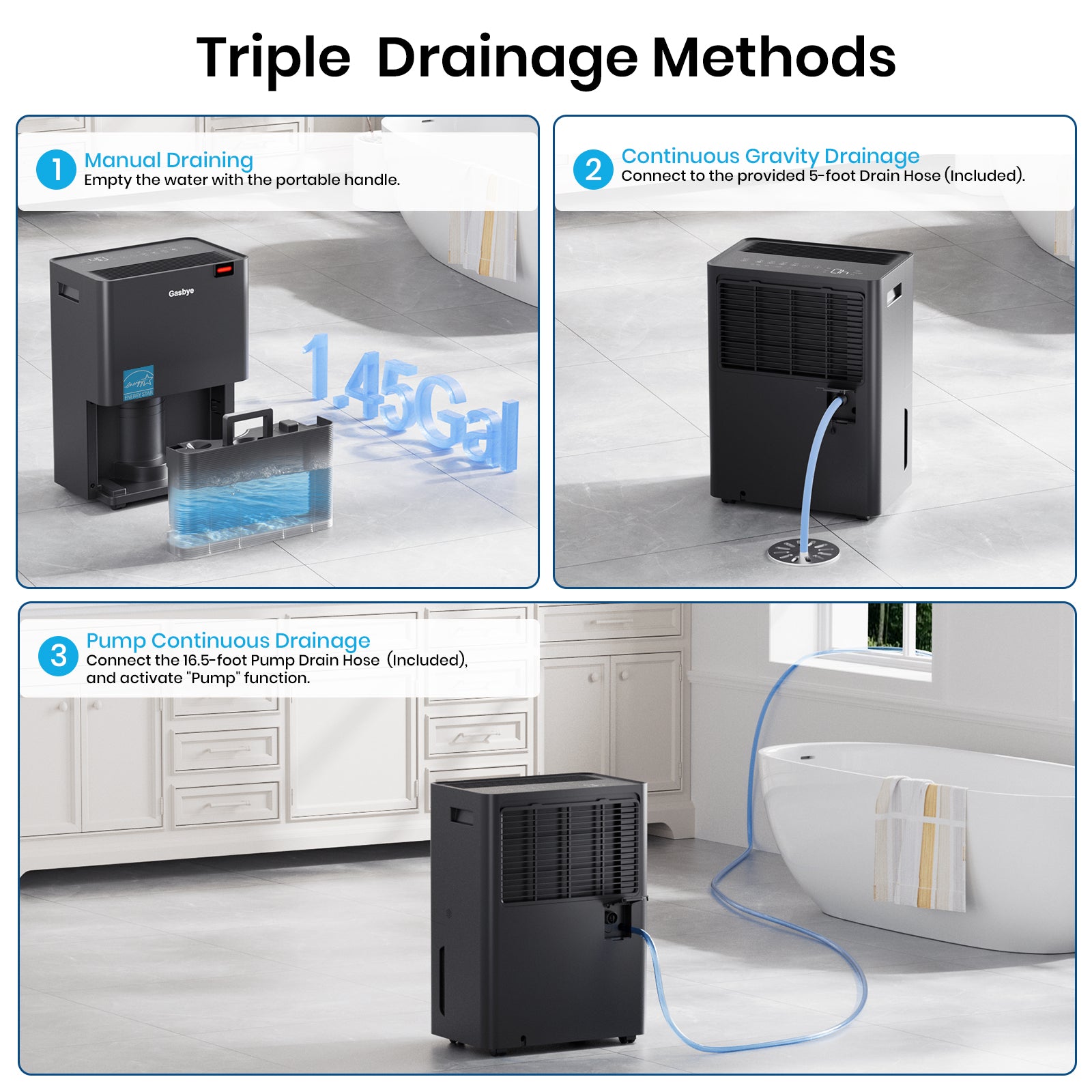 DryPrime 35BP Dehumidifier Triple Drainage Methods