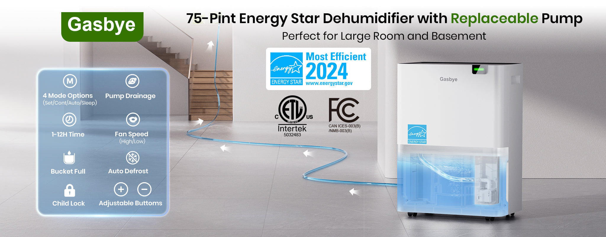DryPrime 35WP dehumidifier feature summary diagram