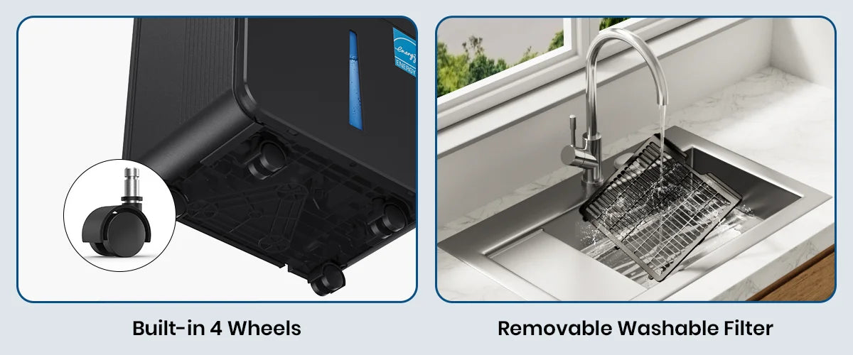 DryPrime 50B dehumidifier caster wheels and removable filter close-up