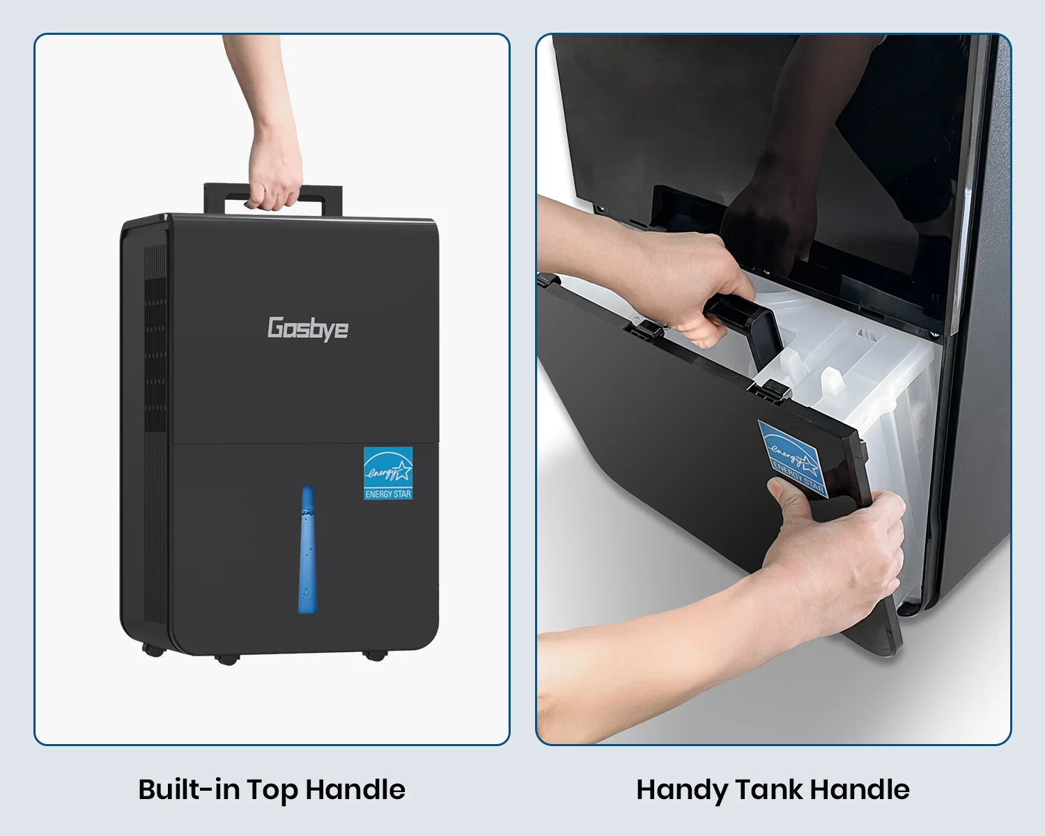 DryPrime 50B dehumidifier lift-up handle and tank handle close-up