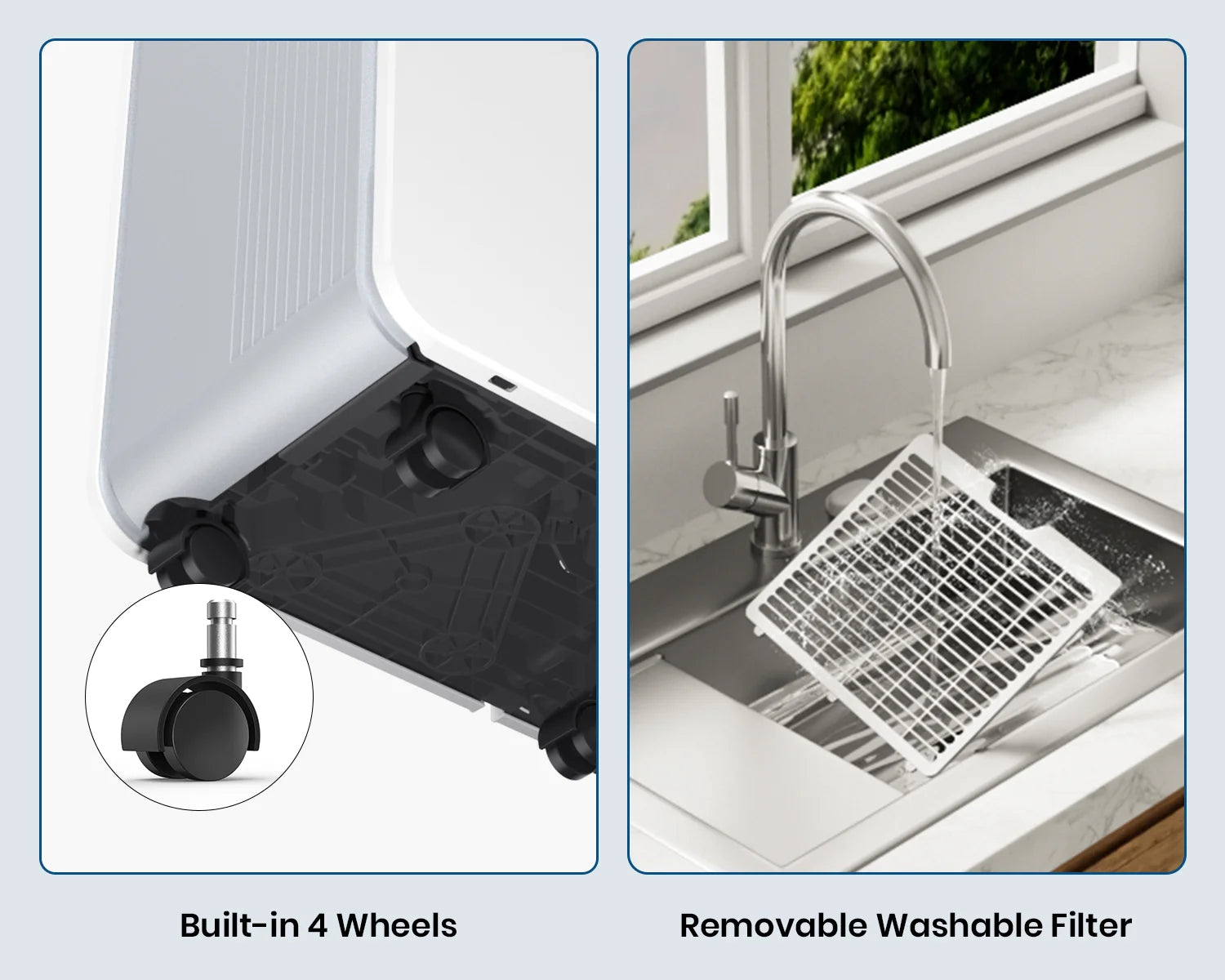 DryPrime 50W dehumidifier caster wheels and removable filter close-up