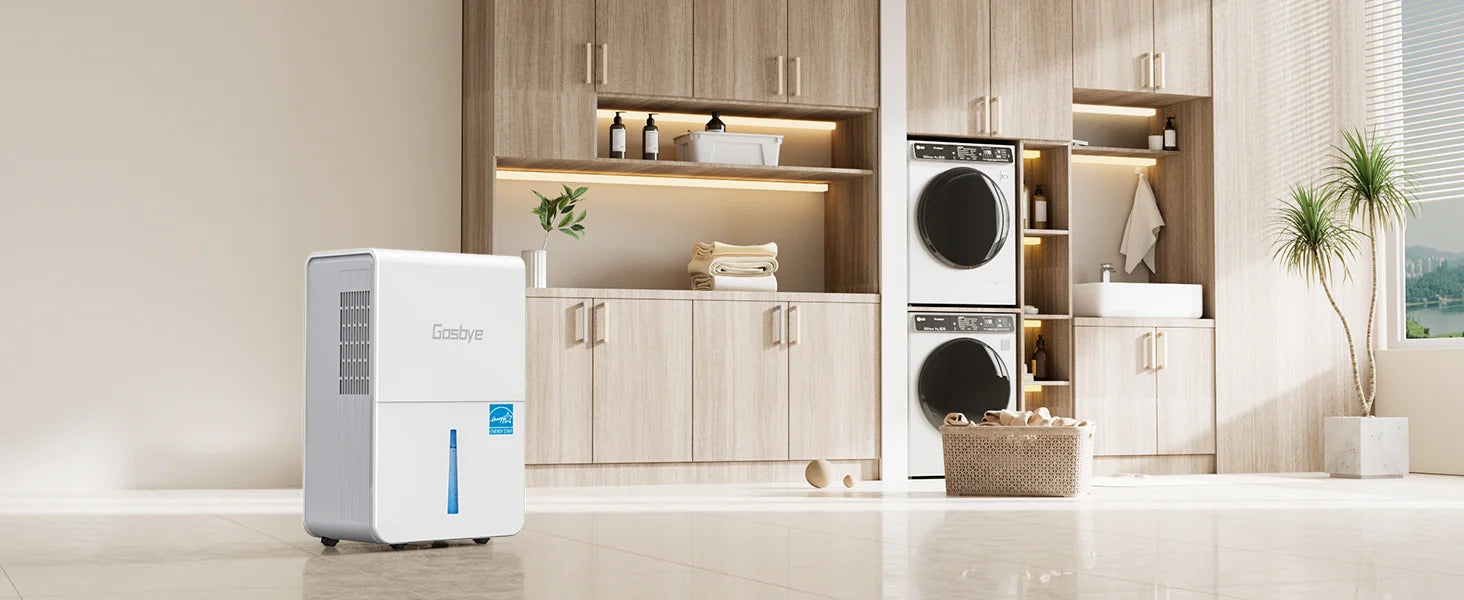 DryPrime 50W dehumidifier in laundry room scene