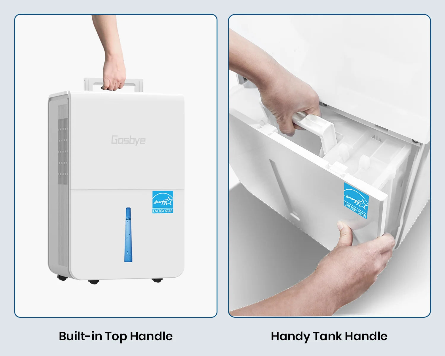 DryPrime 50W dehumidifier lift-up handle and tank handle close-up