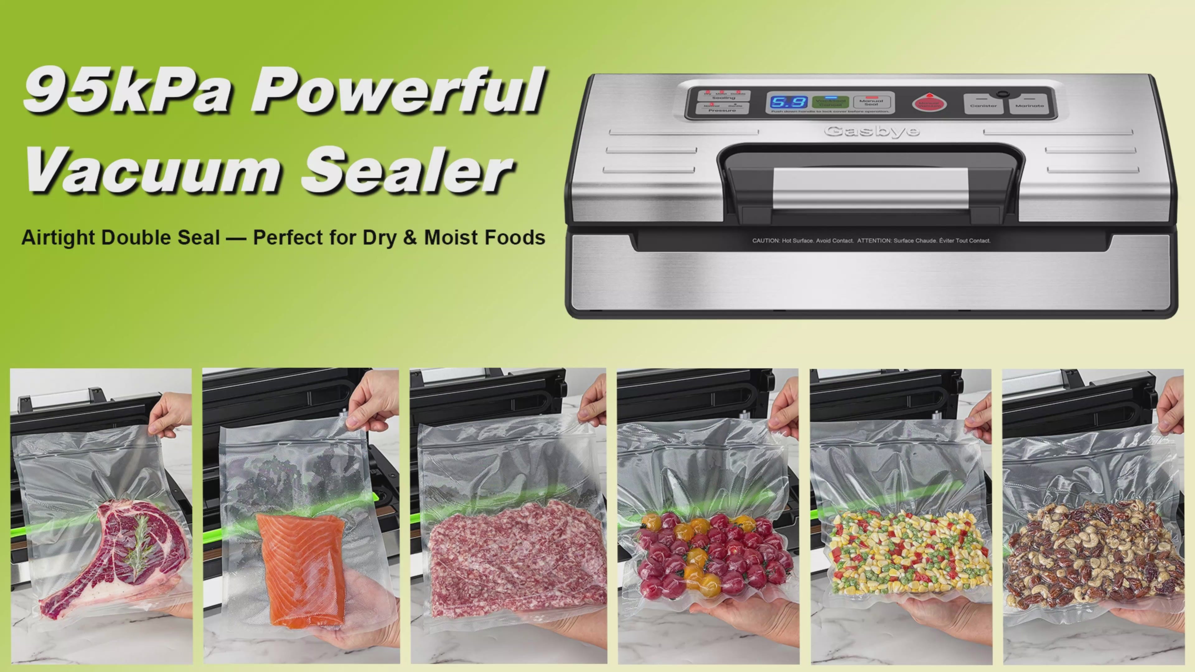 Gasbye Vacuum Sealer VS5166 – 95 kPa, Dual Heat Seal & Bag Storage